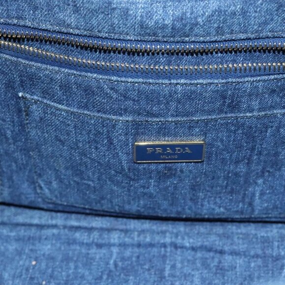 PRADA Canapa MM Hand Bag Denim Blue Gold Auth - Picture 12 of 16